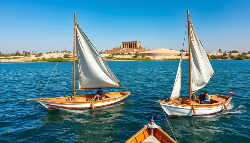 Felucca sailing boats on the Nile River near Kom Ombo with the temple visible in the background Felucca sailing boats on the Nile River near Kom Ombo with the temple visible in the background