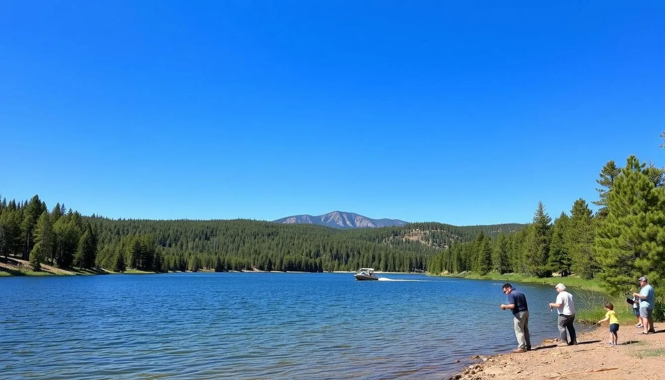 Fenton-Lake-in-summer-with-people-fishing-and-enjoying-outdoor-activities-under-clear-blue Fenton Lake in summer with people fishing and enjoying outdoor activities under clear blue skies