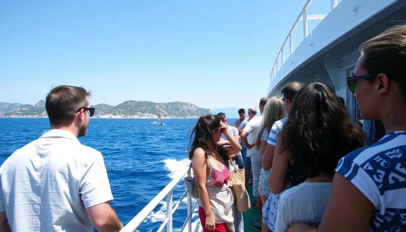 Ferry approaching Brac Island with passengers enjoying the view of the coastline