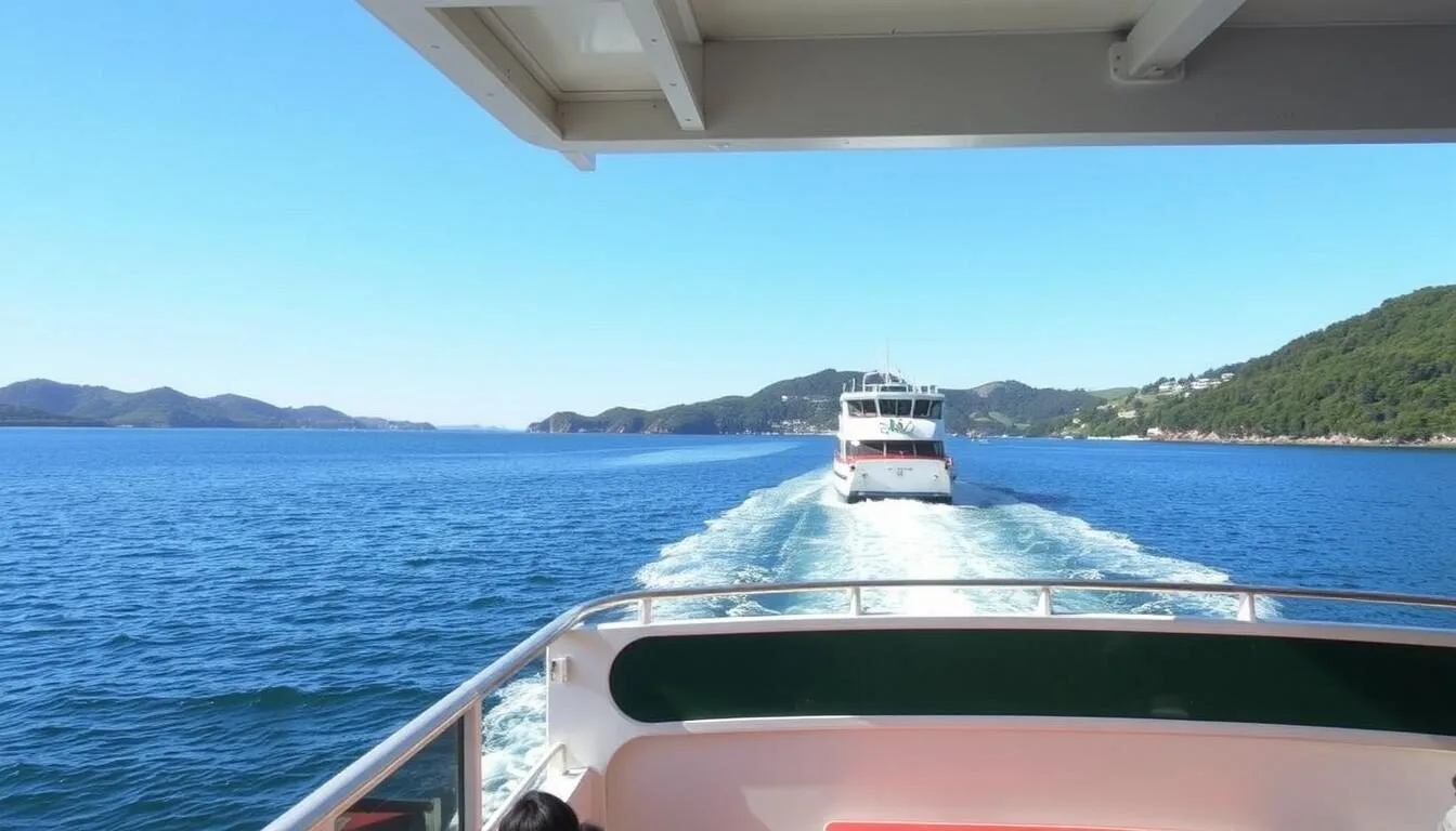 Ferry approaching Bruny Island on a clear day with passengers enjoying the view of the coastline
