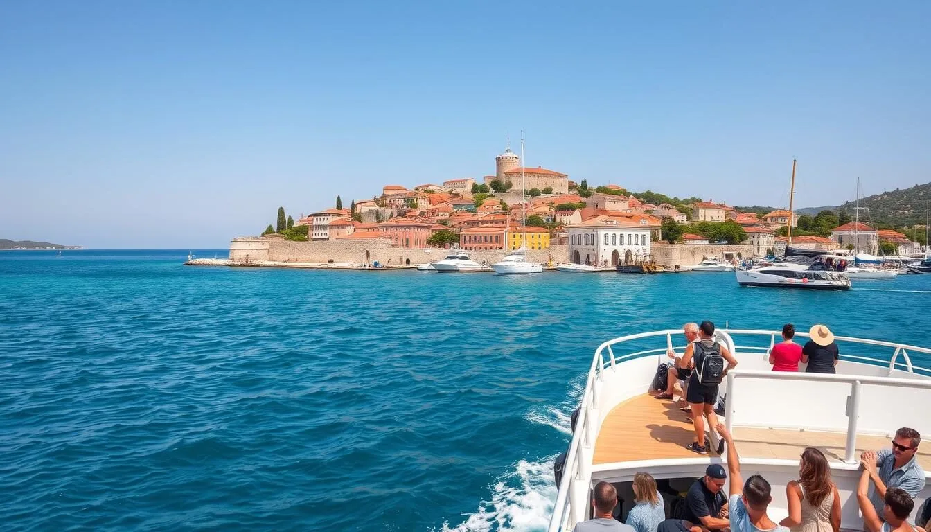 Ferry approaching Korcula harbor with the old town visible in the background
