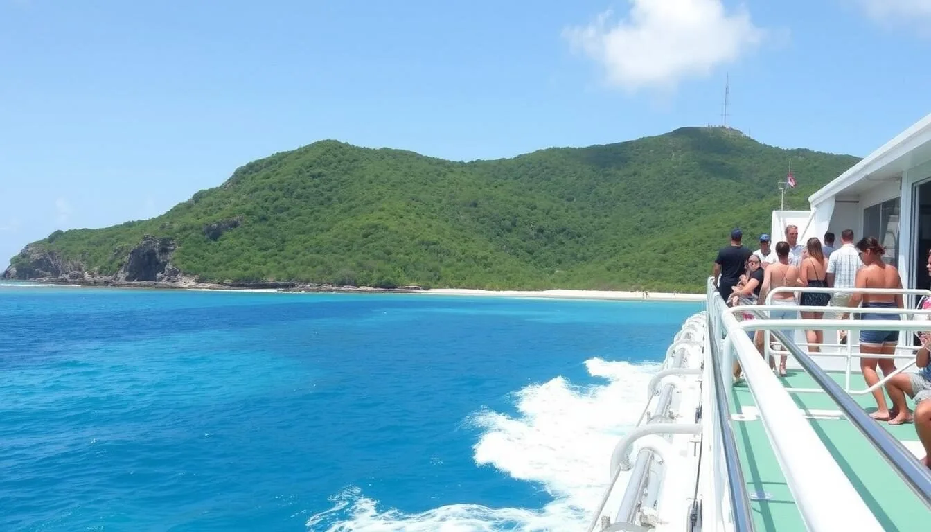 Ferry approaching Marie-Galante Island with passengers on deck enjoying the view