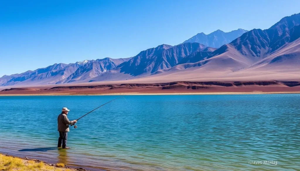 Fisherman at Tsaile Lake with mountains in background