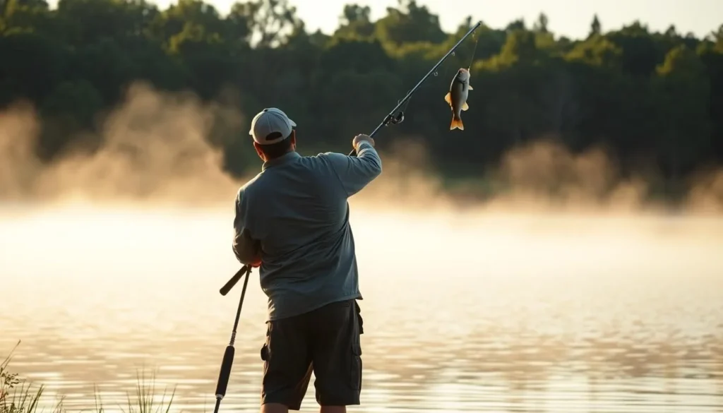 Fisherman catching bass at Horseshoe Lake State Park Illinois Fisherman catching bass at Horseshoe Lake State Park Illinois