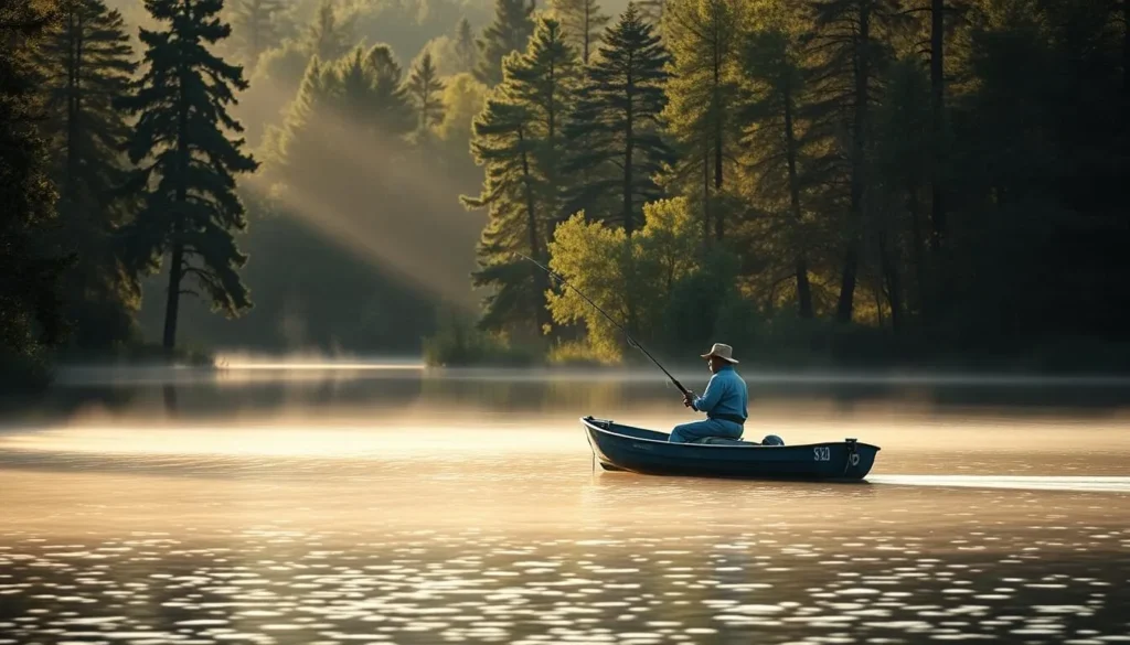 Fisherman in a small boat on Mermet Lake with cypress trees in background
