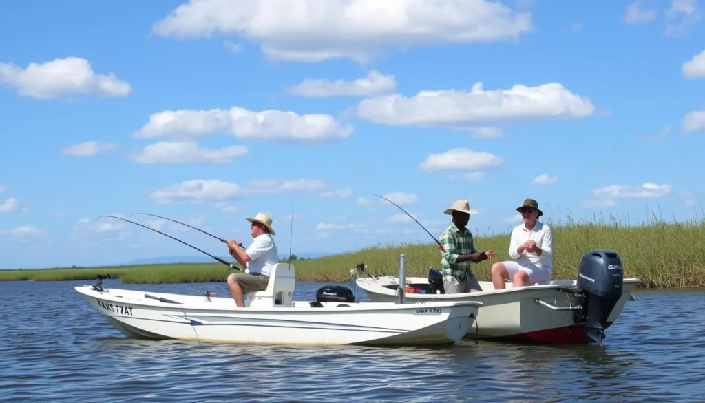 Fishing activity at Franks Tract State Recreation Area with anglers in boats Fishing activity at Franks Tract State Recreation Area with anglers in boats