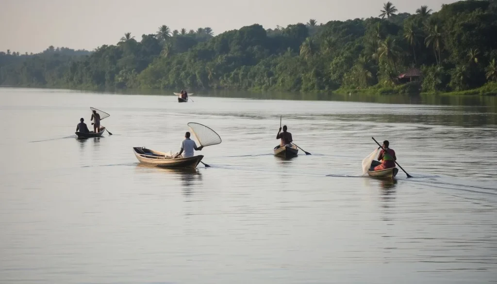 Fishing activity on the Essequibo River near Wakenaam Island with local fishermen