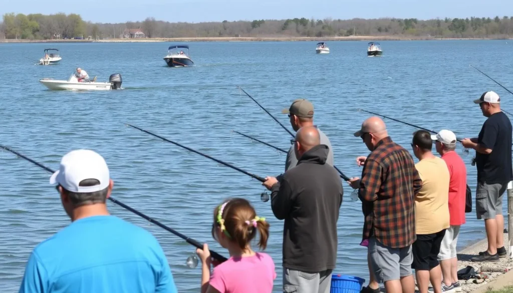 Fishing at Crab Orchard Lake with people in boats and on shore