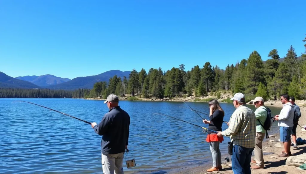 Fishing at Fenton Lake with anglers casting lines from the shoreline with mountain backdrop Fishing at Fenton Lake with anglers casting lines from the shoreline with mountain backdrop