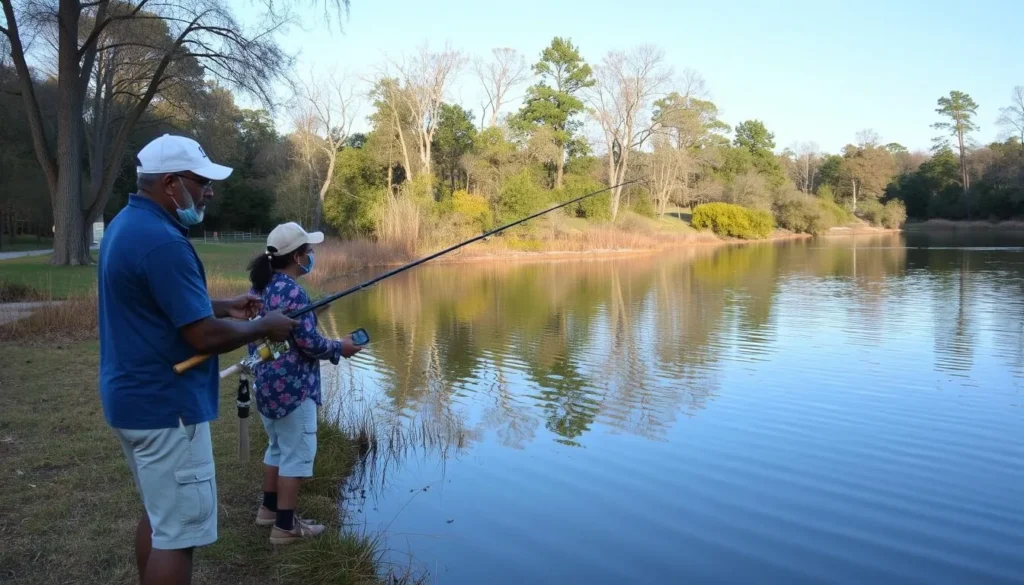 Fishing at Jubilee College State Park Illinois showing anglers at the 3-acre pond Fishing at Jubilee College State Park Illinois showing anglers at the 3-acre pond