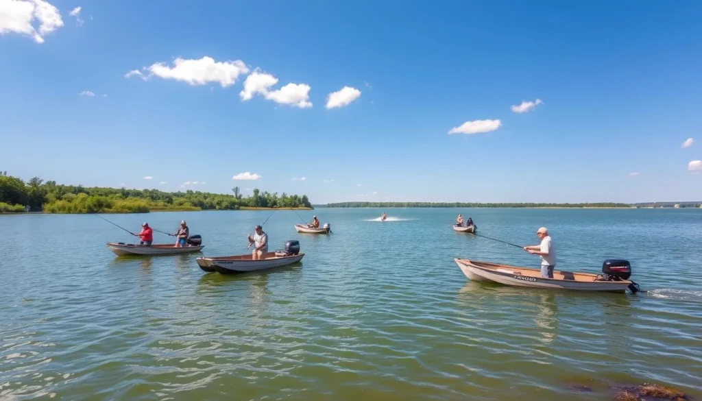 Fishing at Prairie Lake in Jim Edgar Panther Creek State Park with anglers in small boats Fishing at Prairie Lake in Jim Edgar Panther Creek State Park with anglers in small boats