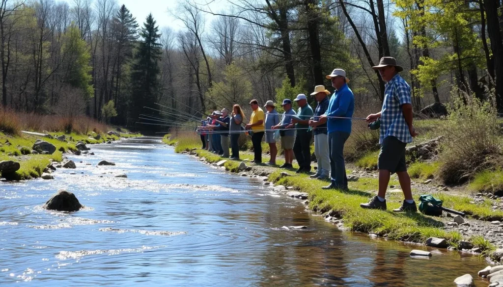 Fishing at Ryerson Station State Park with anglers by a stream Fishing at Ryerson Station State Park with anglers by a stream