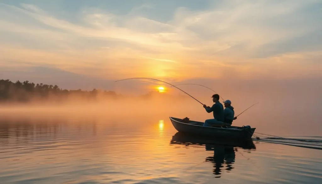 Fishing at a scenic lake in Iroquois County State Park with anglers in early morning light Fishing at a scenic lake in Iroquois County State Park with anglers in early morning light