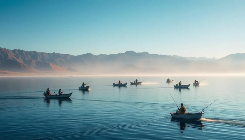 Fishing boats on Alamo Lake with anglers casting lines