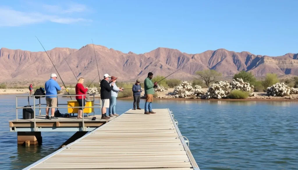 Fishing dock at Bill Williams River with anglers enjoying the water