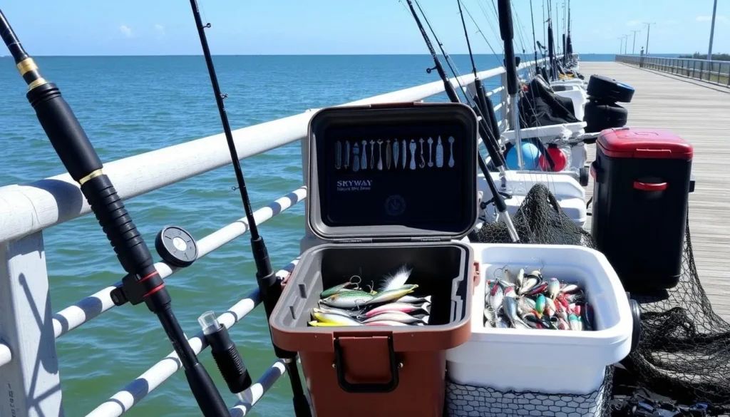 Fishing gear and equipment setup at Skyway Fishing Pier State Park Florida Fishing gear and equipment setup at Skyway Fishing Pier State Park Florida