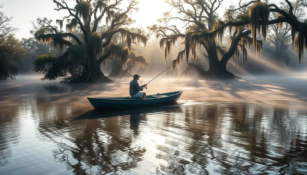 Fishing in Bayou Cocodrie with angler in small boat surrounded by cypress trees Fishing in Bayou Cocodrie with angler in small boat surrounded by cypress trees