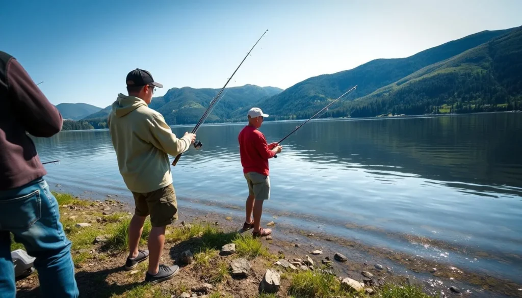 Fishing in a lake near Broad Mountain Pennsylvania with mountain backdrop