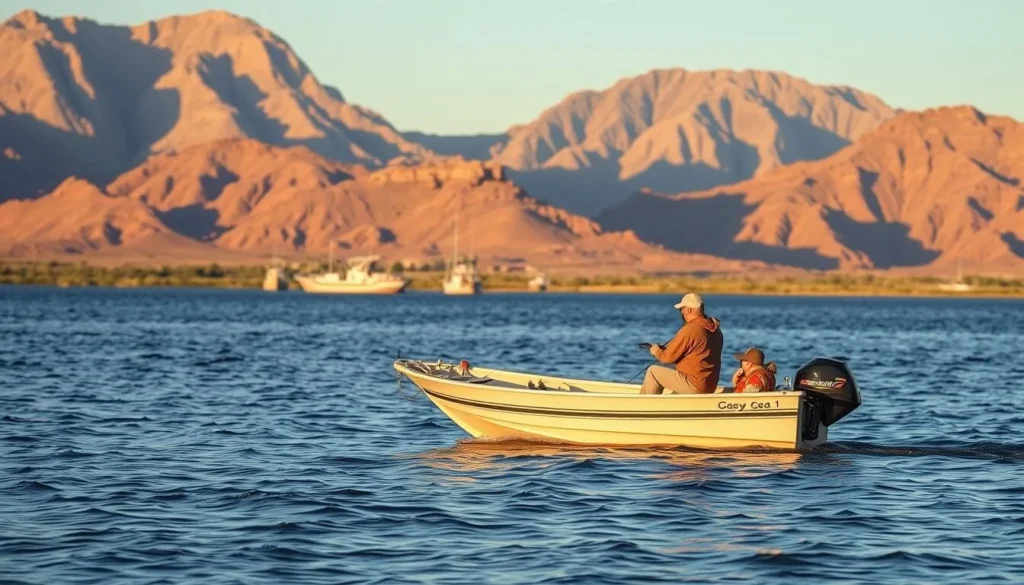 Fishing on Canyon Lake with anglers in a small boat against backdrop of desert mountains