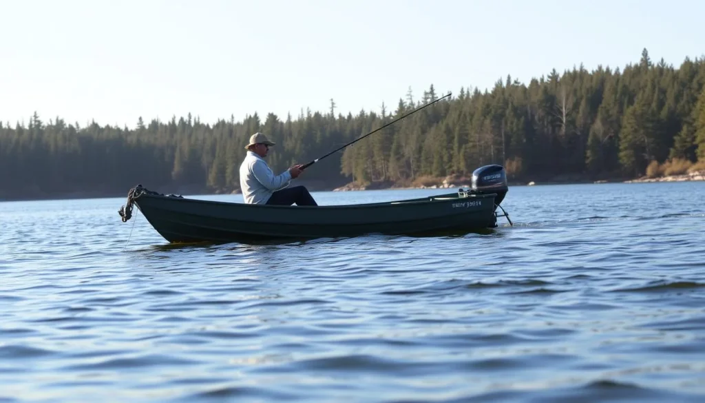 Fishing on Kinkaid Lake with anglers in a boat surrounded by forested shoreline