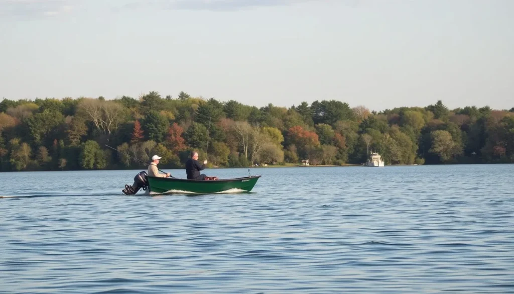 Fishing on Lake Kinkaid with anglers in a small boat Fishing on Lake Kinkaid with anglers in a small boat