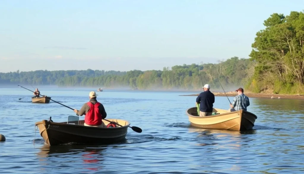 Fishing on the Mississippi River at Big River State Park with anglers in boats