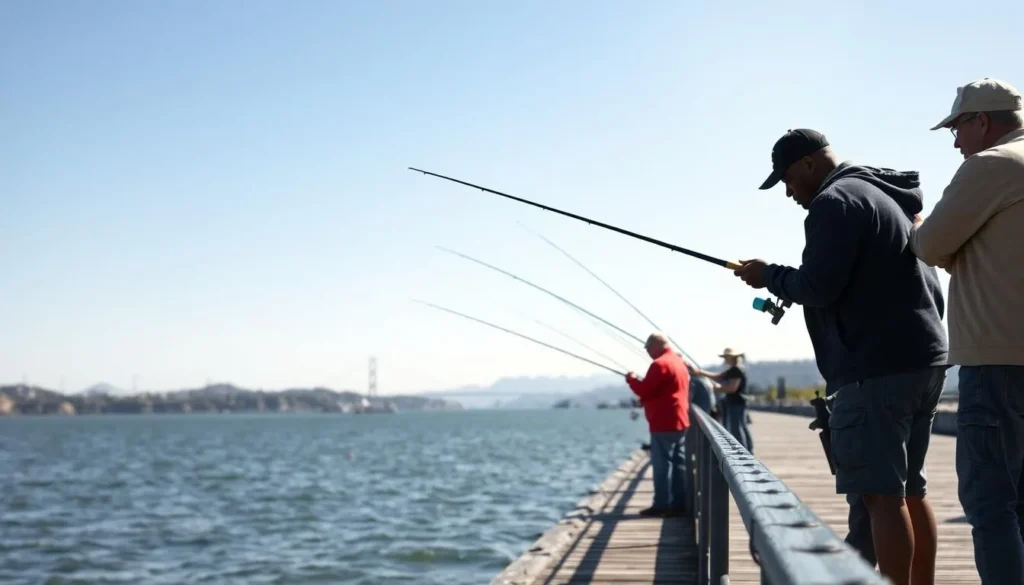 Fishing pier at Candlestick Point State Recreation Area California with diverse anglers casting lines