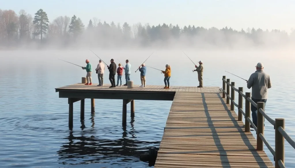Fishing pier at Maurice K. Goddard State Park Pennsylvania with anglers Fishing pier at Maurice K. Goddard State Park Pennsylvania with anglers