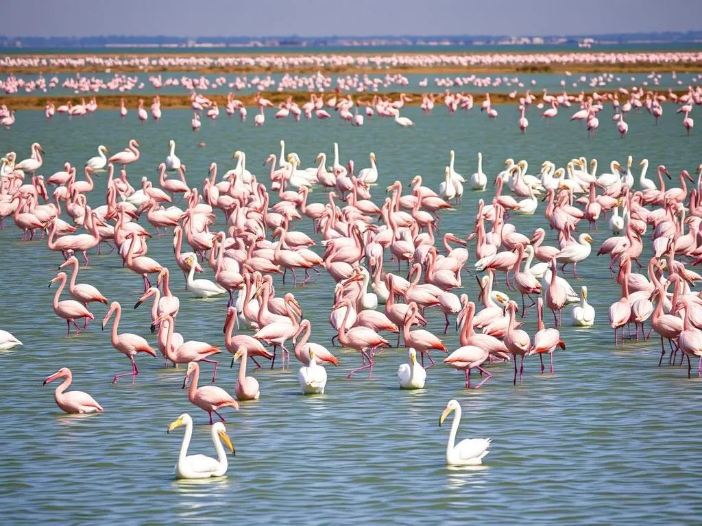 Flamingos and pelicans at Lake Shala Ethiopia creating a spectacular bird watching scene Flamingos and pelicans at Lake Shala Ethiopia creating a spectacular bird watching scene