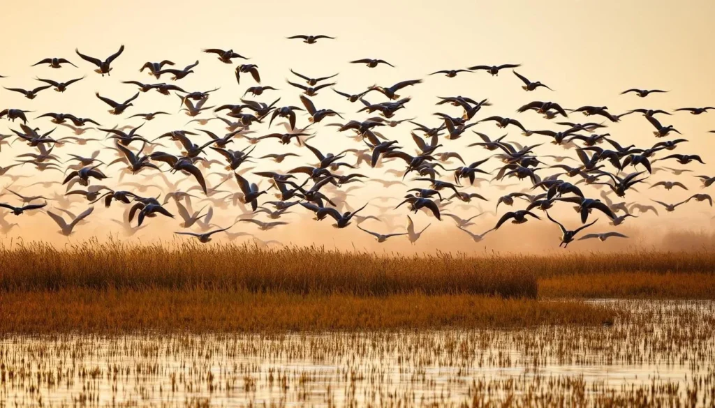 Flock of migratory waterfowl taking flight over the marshes at Cameron Prairie National Wildlife Refuge