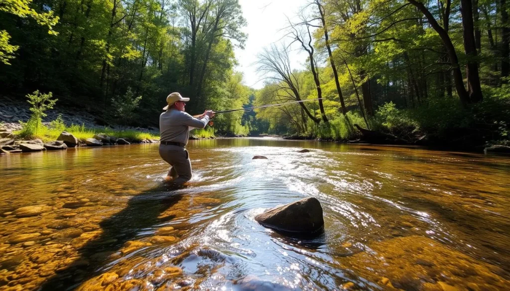 Fly fishing in Prouty Run with angler casting in clear stream waters Fly fishing in Prouty Run with angler casting in clear stream waters