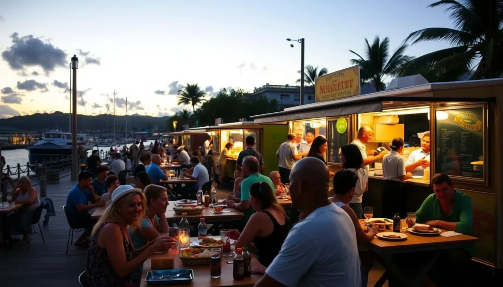 Food trucks (roulottes) at Vai'ete Square in Papeete serving local cuisine, popular things to do in Papeete French Polynesia