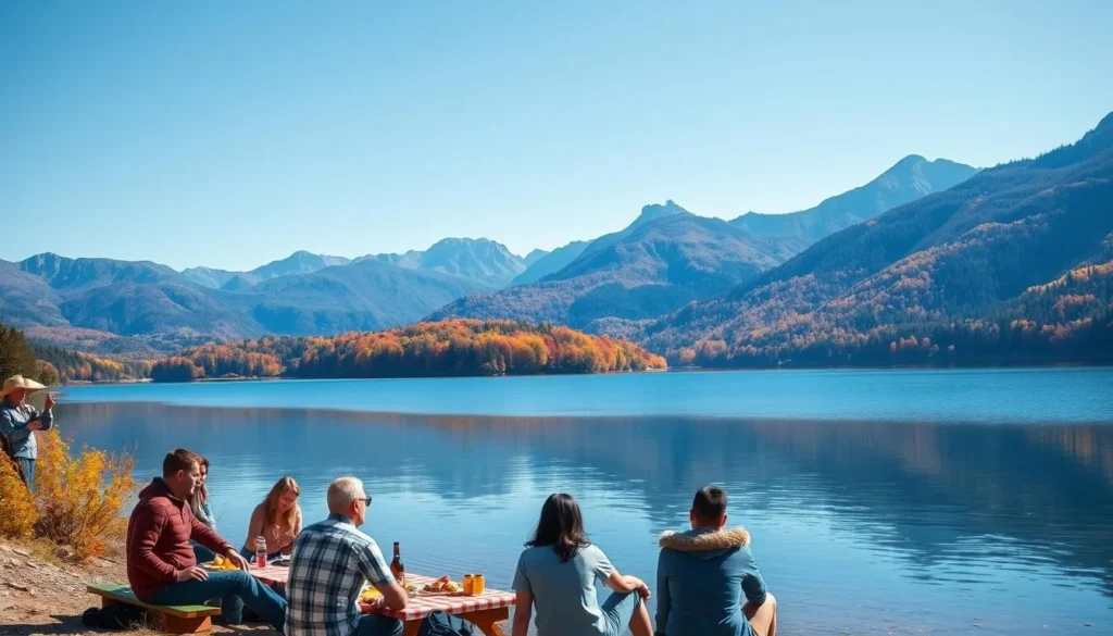 Fool Hollow Lake in autumn with colorful foliage reflecting in the calm water, mountains in background