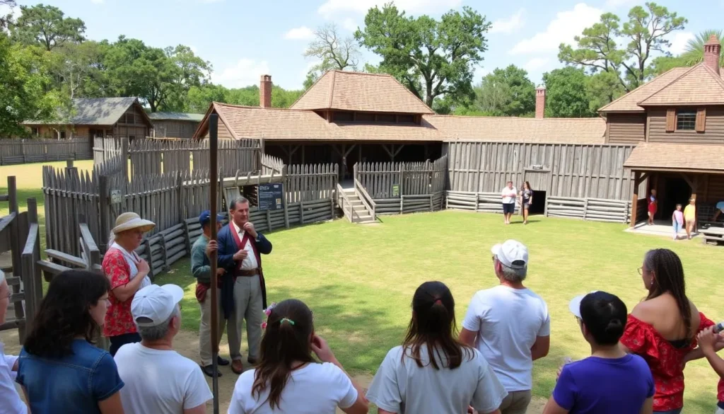 Fort St. Jean Baptiste Historic Site with period-dressed interpreters demonstrating colonial life