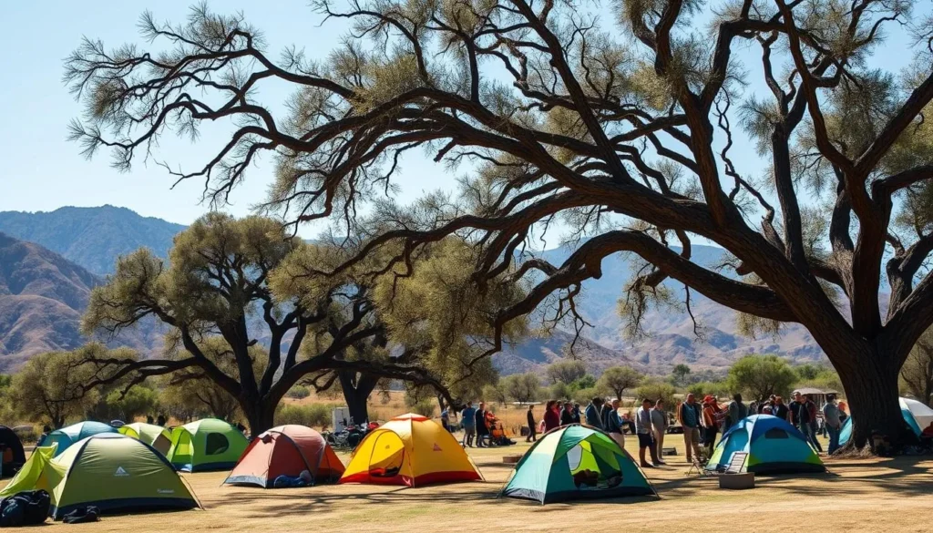 Fort Tejon campground with tents set up under oak trees Fort Tejon campground with tents set up under oak trees