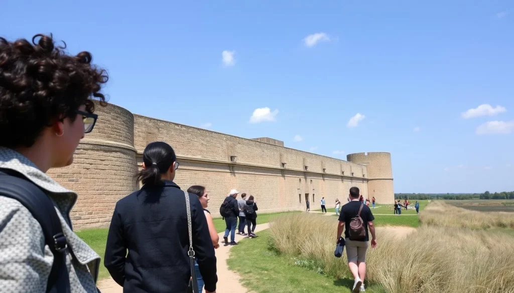 Fort des Dunes exterior with visitors exploring the historic site
