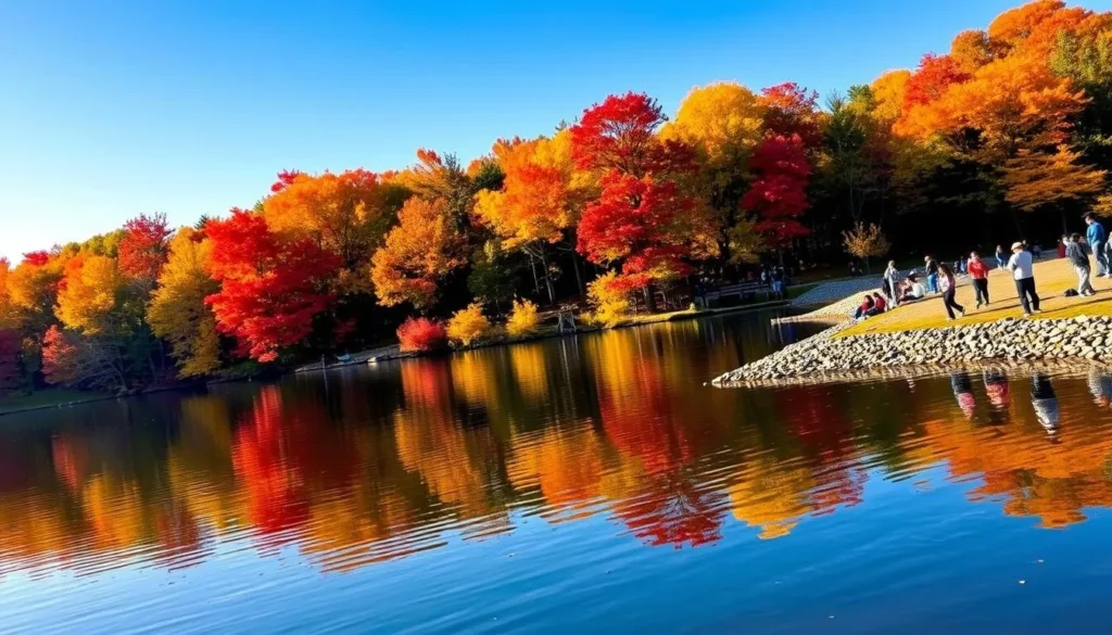 Foster Lake in autumn with colorful fall foliage reflecting in the water Foster Lake in autumn with colorful fall foliage reflecting in the water
