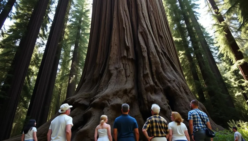Founders Tree with visitors standing at its base in Humboldt Redwoods State Park Founders Tree with visitors standing at its base in Humboldt Redwoods State Park