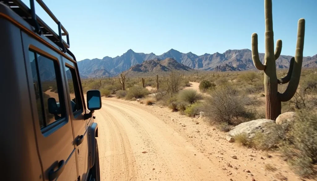 Four-wheel drive vehicle navigating the rugged terrain of Kofa National Wildlife Refuge Four-wheel drive vehicle navigating the rugged terrain of Kofa National Wildlife Refuge