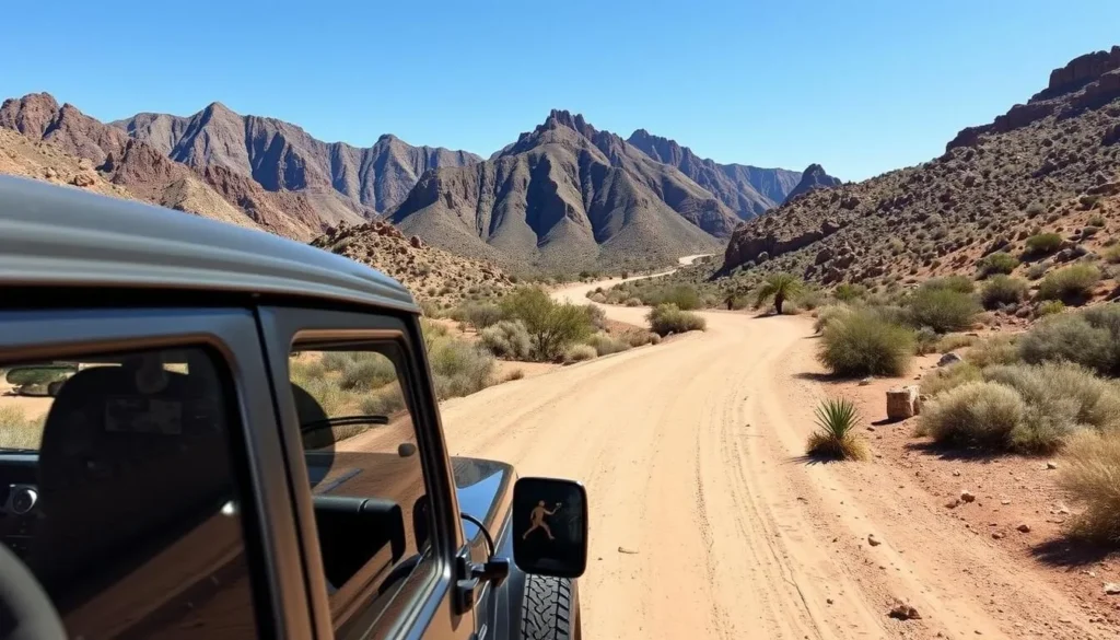 Four-wheel drive vehicle on a dirt road in the Black Mountains with desert landscape surrounding it Four-wheel drive vehicle on a dirt road in the Black Mountains with desert landscape surrounding it