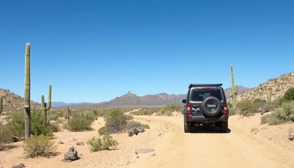 Four-wheel drive vehicle traversing the rugged El Camino del Diablo trail in Cabeza Prieta National Wildlife Refuge