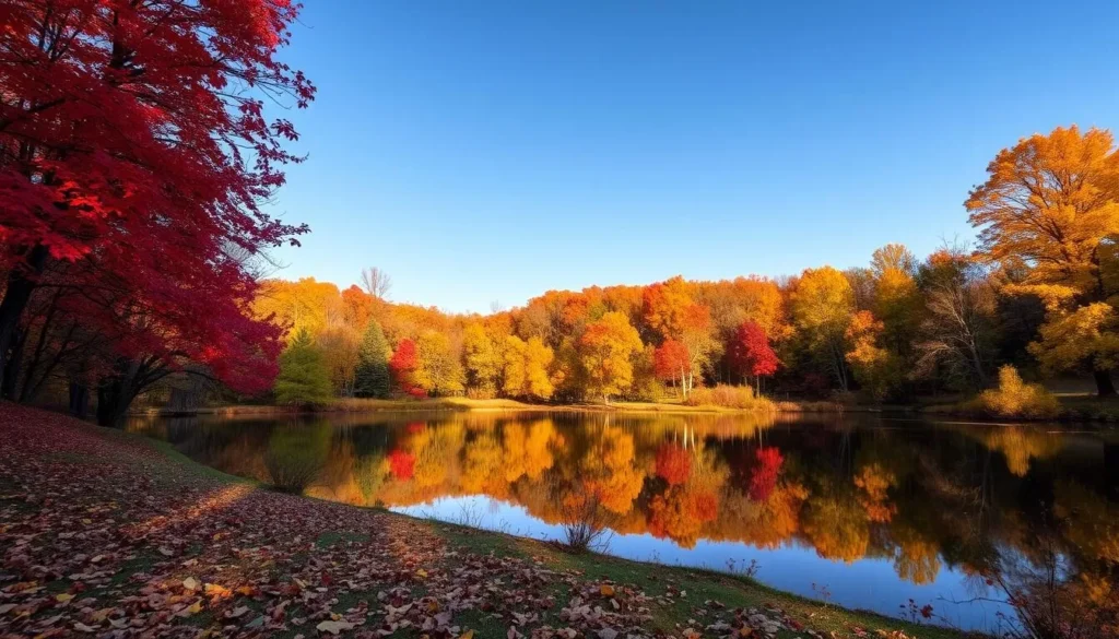 Frank Holten State Park in autumn with colorful foliage reflected in Whispering Willow Lake Frank Holten State Park in autumn with colorful foliage reflected in Whispering Willow Lake