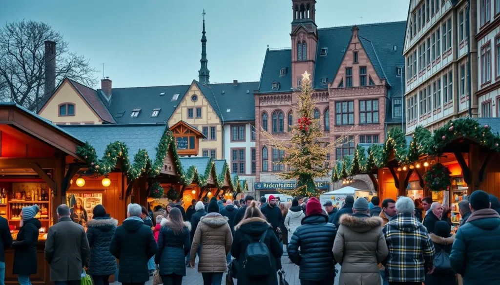 Frankfurt Christmas Market at Römerberg square with traditional decorations and stalls Frankfurt Christmas Market at Römerberg square with traditional decorations and stalls