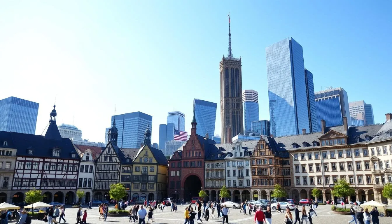 Frankfurt-skyline-with-historic-Romerberg-square-in-the-foreground-and-modern-skyscrapers-in Frankfurt skyline with historic Römerberg square in the foreground and modern skyscrapers in the background