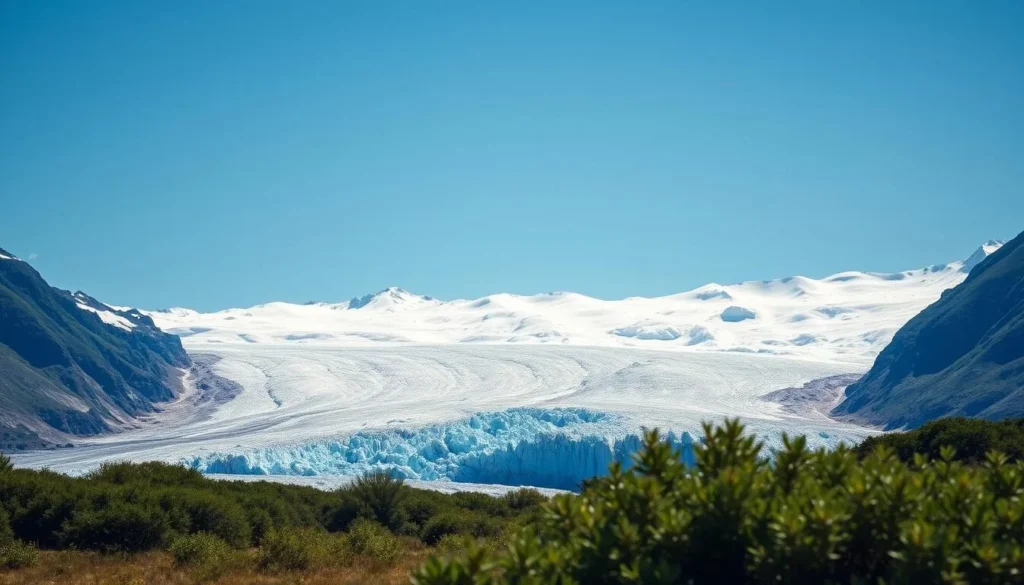 Franz Josef Glacier during summer with clear blue skies and visible ice formations Franz Josef Glacier during summer with clear blue skies and visible ice formations