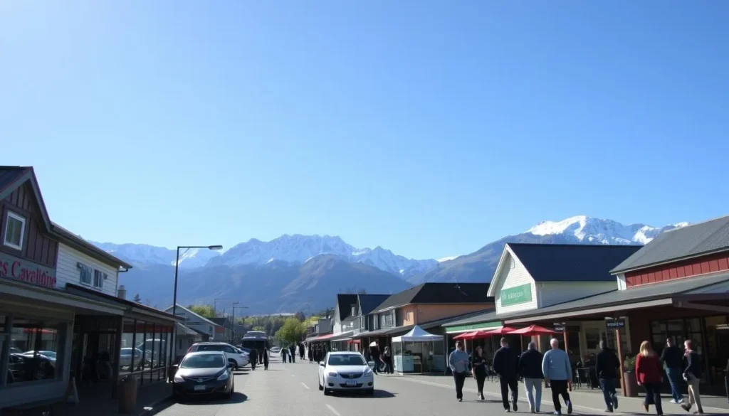 Franz Josef village with mountains in background and local transportation options Franz Josef village with mountains in background and local transportation options