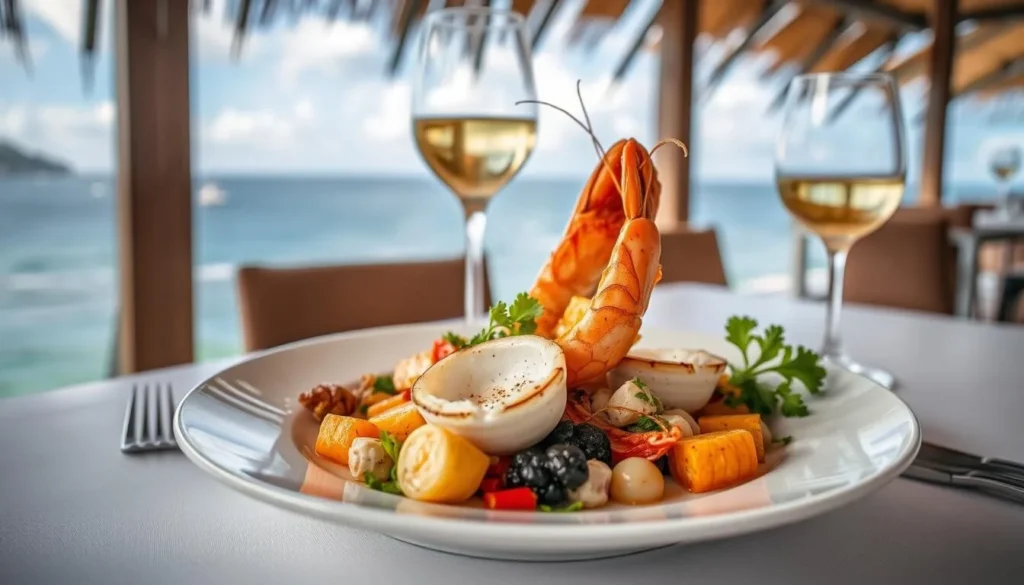French-inspired seafood dish with local New Caledonian ingredients served at a beachfront restaurant in Noumea French-inspired seafood dish with local New Caledonian ingredients served at a beachfront restaurant in Noumea