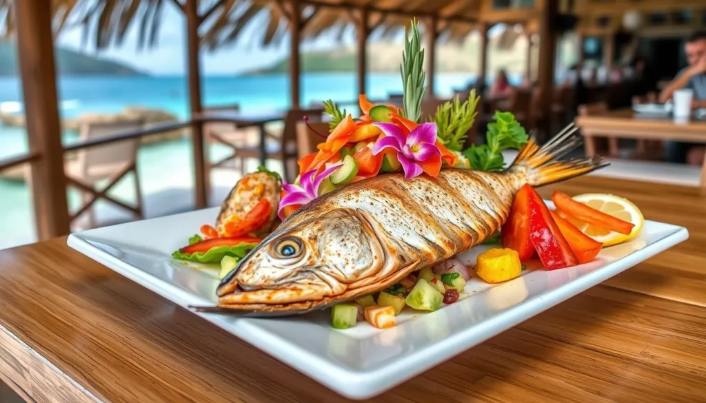 Fresh Caribbean seafood dish served at a restaurant near The Baths Virgin Gorda