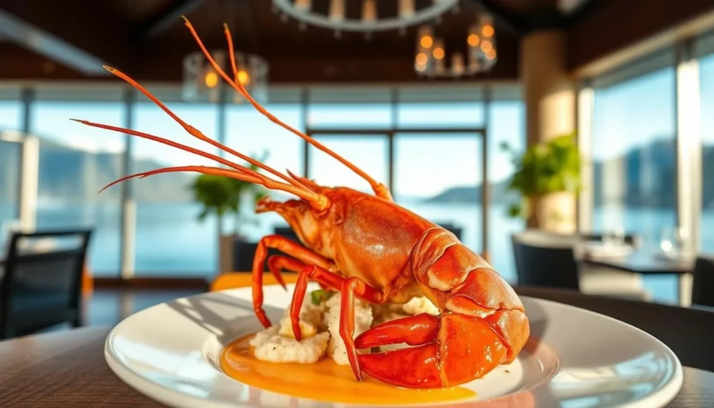 Fresh New Zealand seafood dish featuring Fiordland crayfish served in a restaurant with lake view