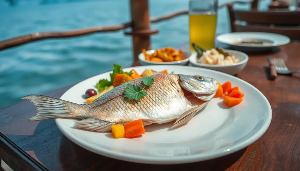 Fresh Tilapia fish dish served with local vegetables at a lakeside restaurant Fresh Tilapia fish dish served with local vegetables at a lakeside restaurant